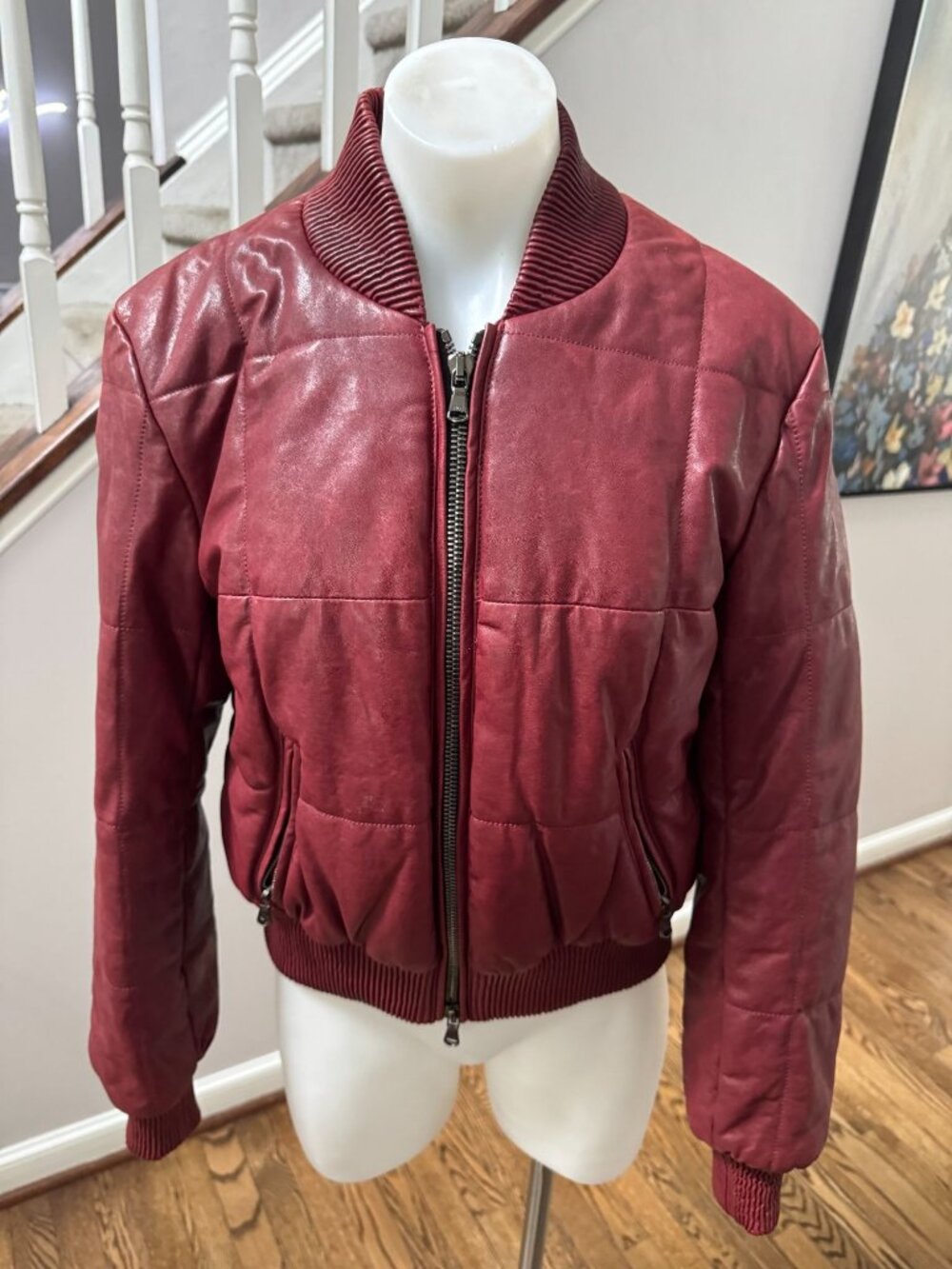 Veronica Beard Malin Quilted Leather Bomber Jacket Burgundy Red Small